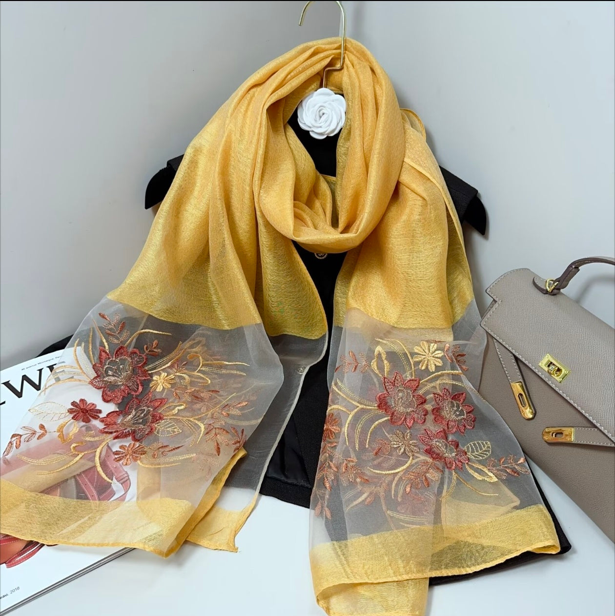 Flowery Mustard Embroidered Silk Stole