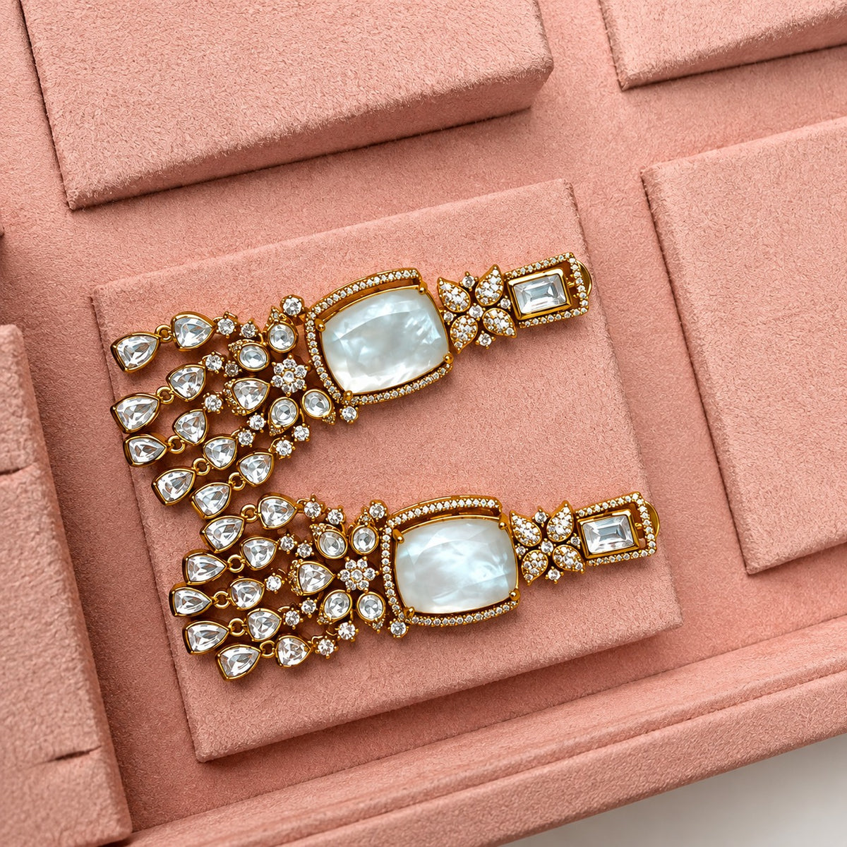 Mahira Long Moissanite Polki Indian Chandelier Earrings