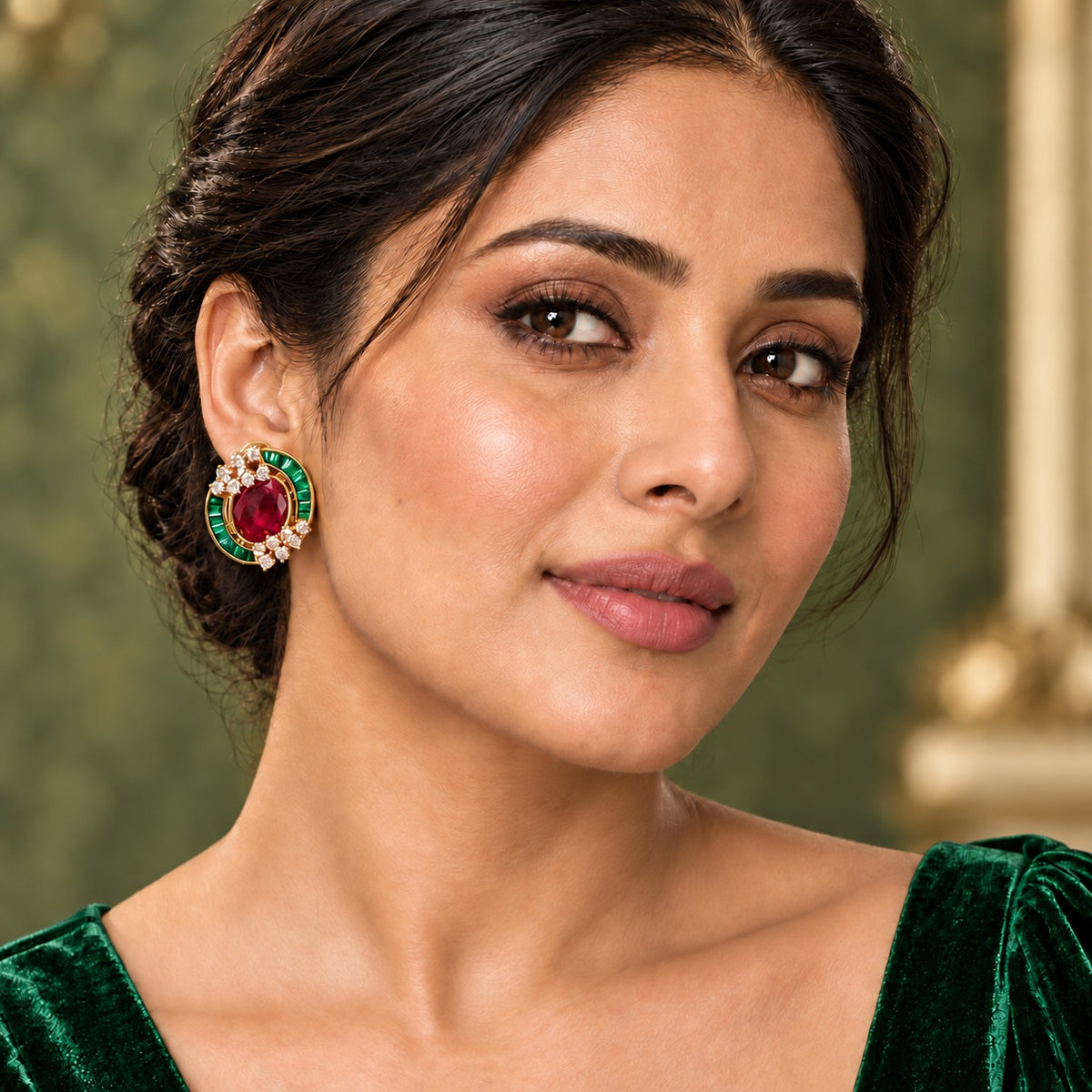 Riwaaz Diamond Stud Earrings In Ruby Red