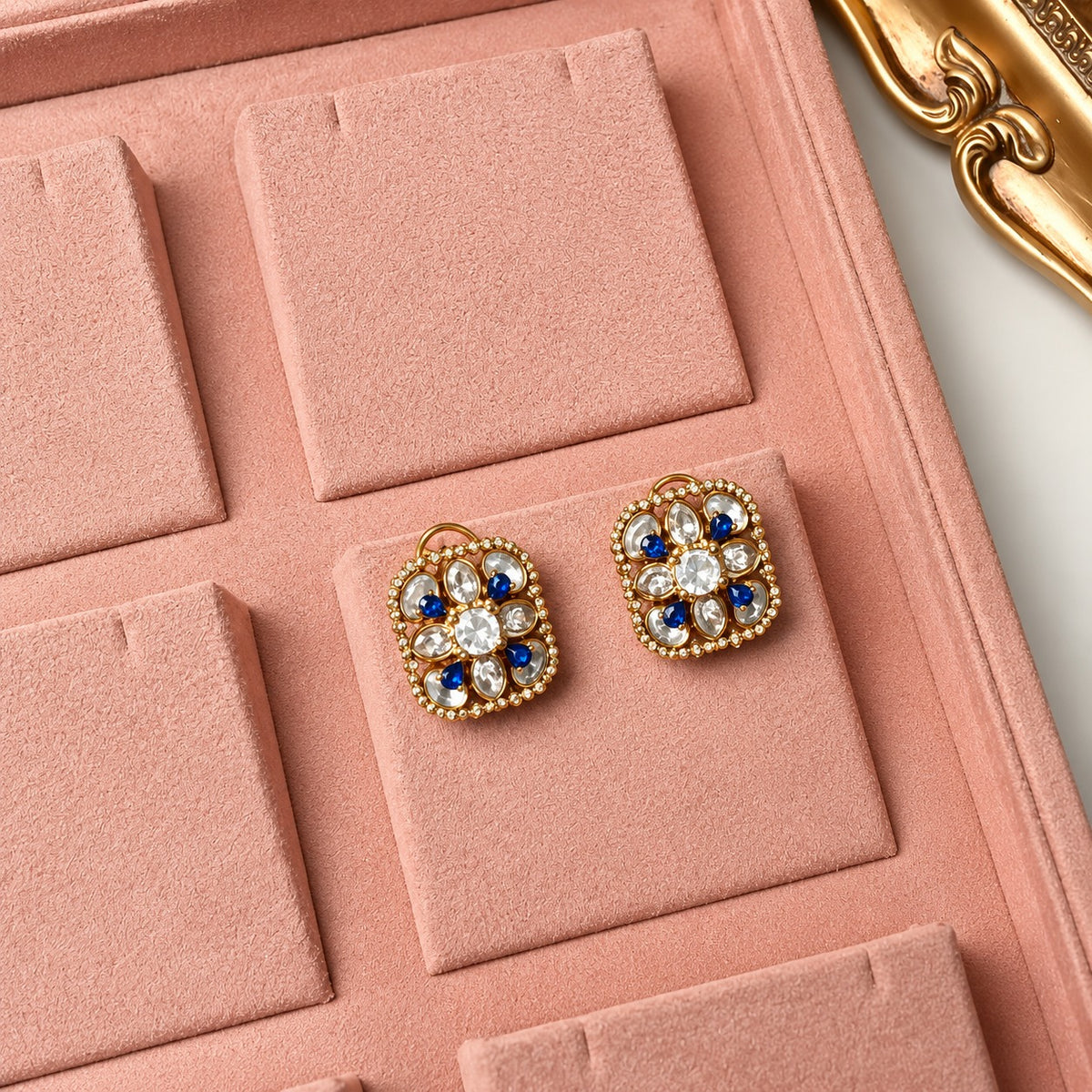Neelam Blue Kundan Floral Stud Earrings
