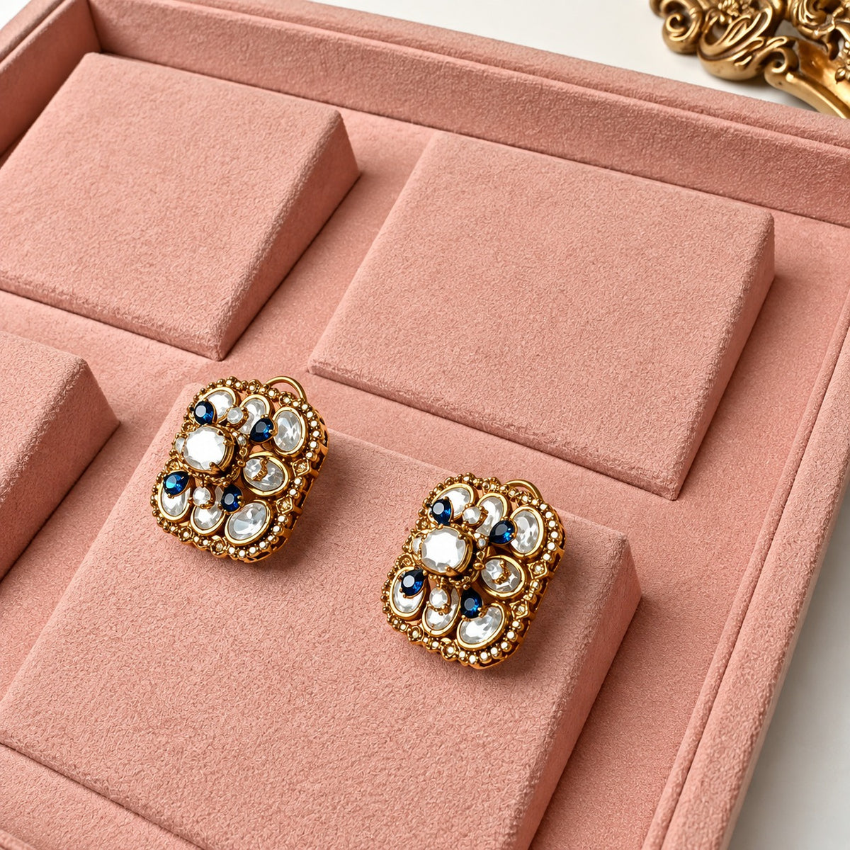 Neelam Blue Kundan Floral Stud Earrings
