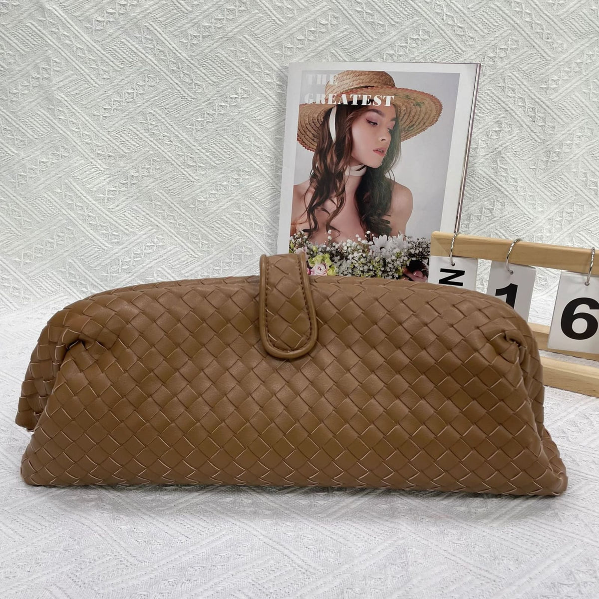 Celeste Woven Vegan Leather Baguette Bag (Khaki)