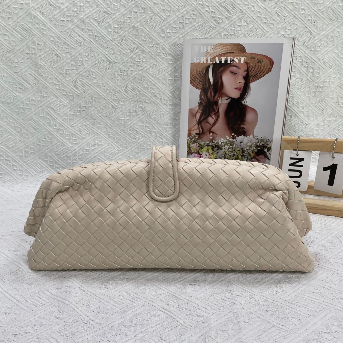 Celeste Woven Vegan Leather Baguette Bag (Off White)