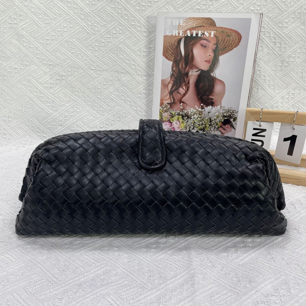 Celeste Woven Vegan Leather Baguette Bag (Black)