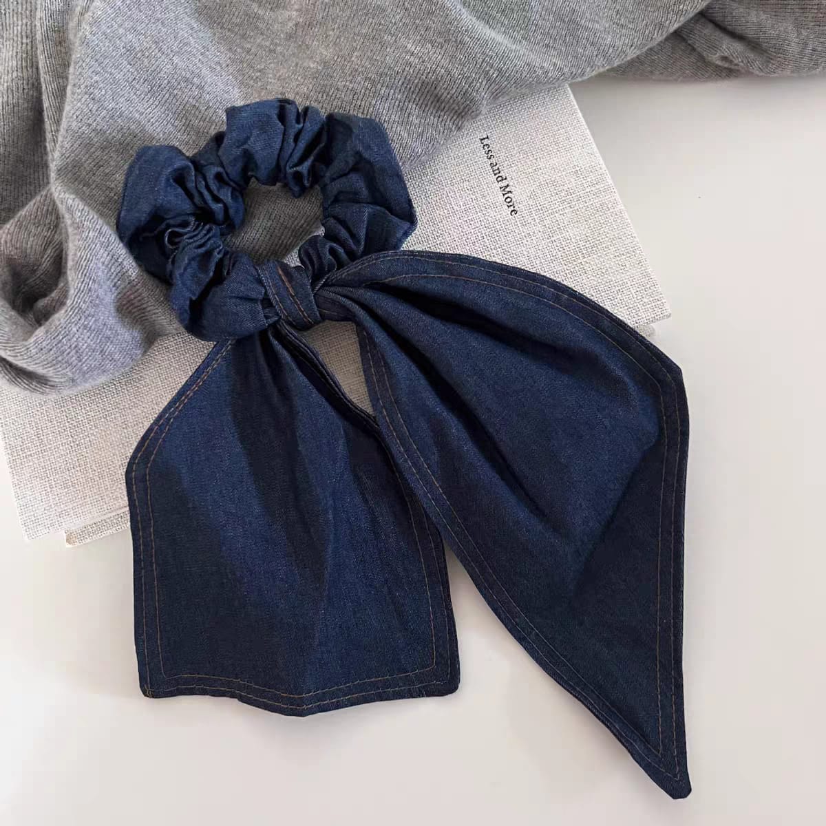 Denim Bow Ribbon Scrunchie