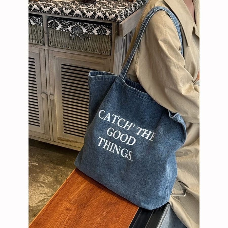 Good Things Denim Tote Bag in denim blue with slogan print