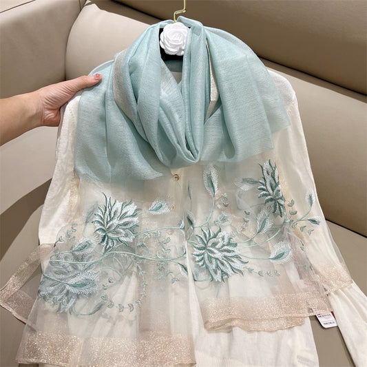 Regal Aqua Embroidered Silk Stole