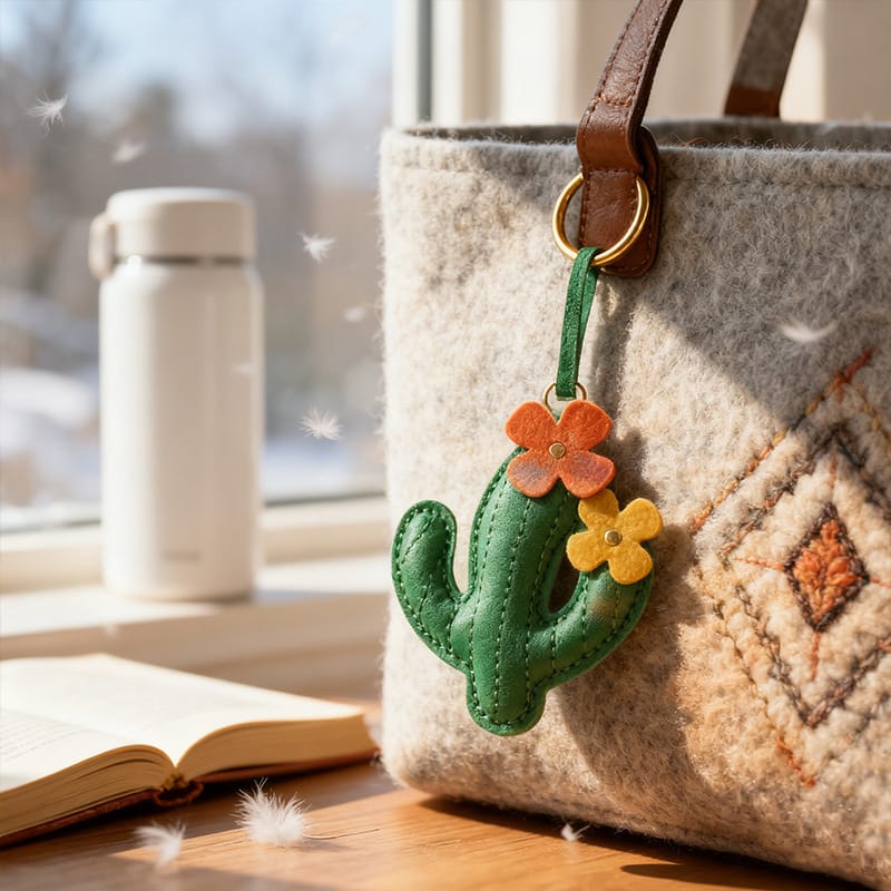 Prickly Charm Leather Cactus Bag Charm