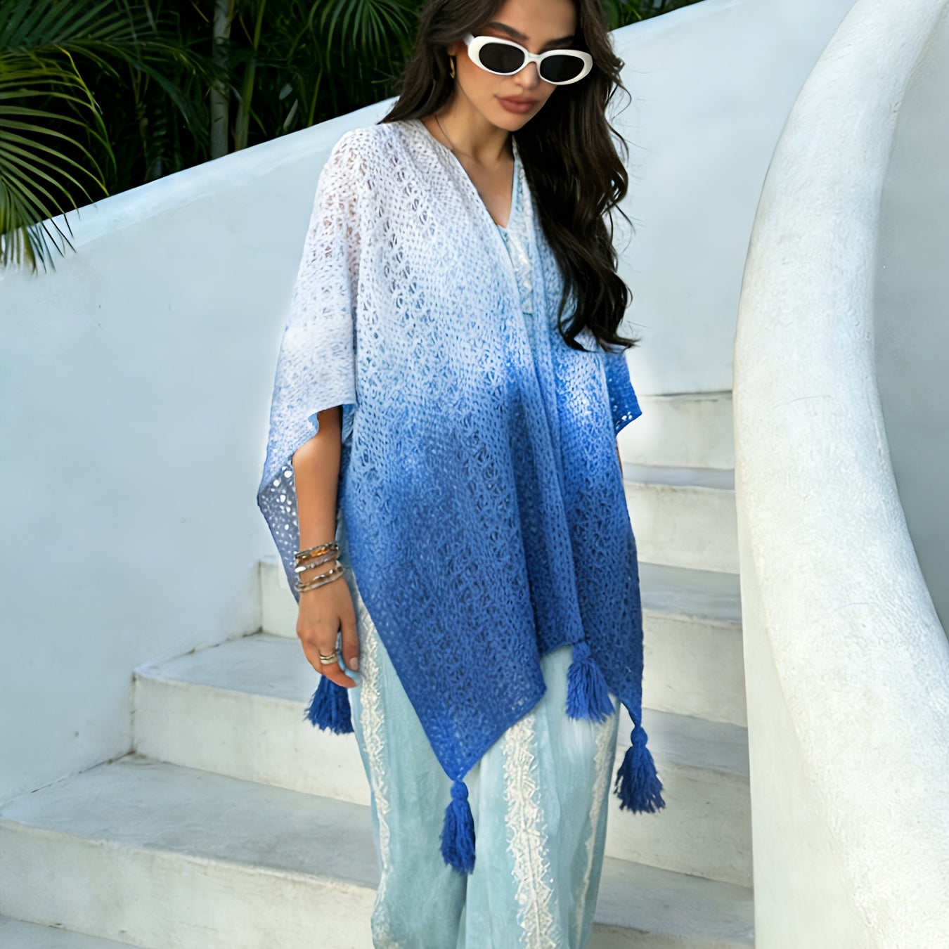 Lavinia Gradient Knitted Summer Poncho(Blue)