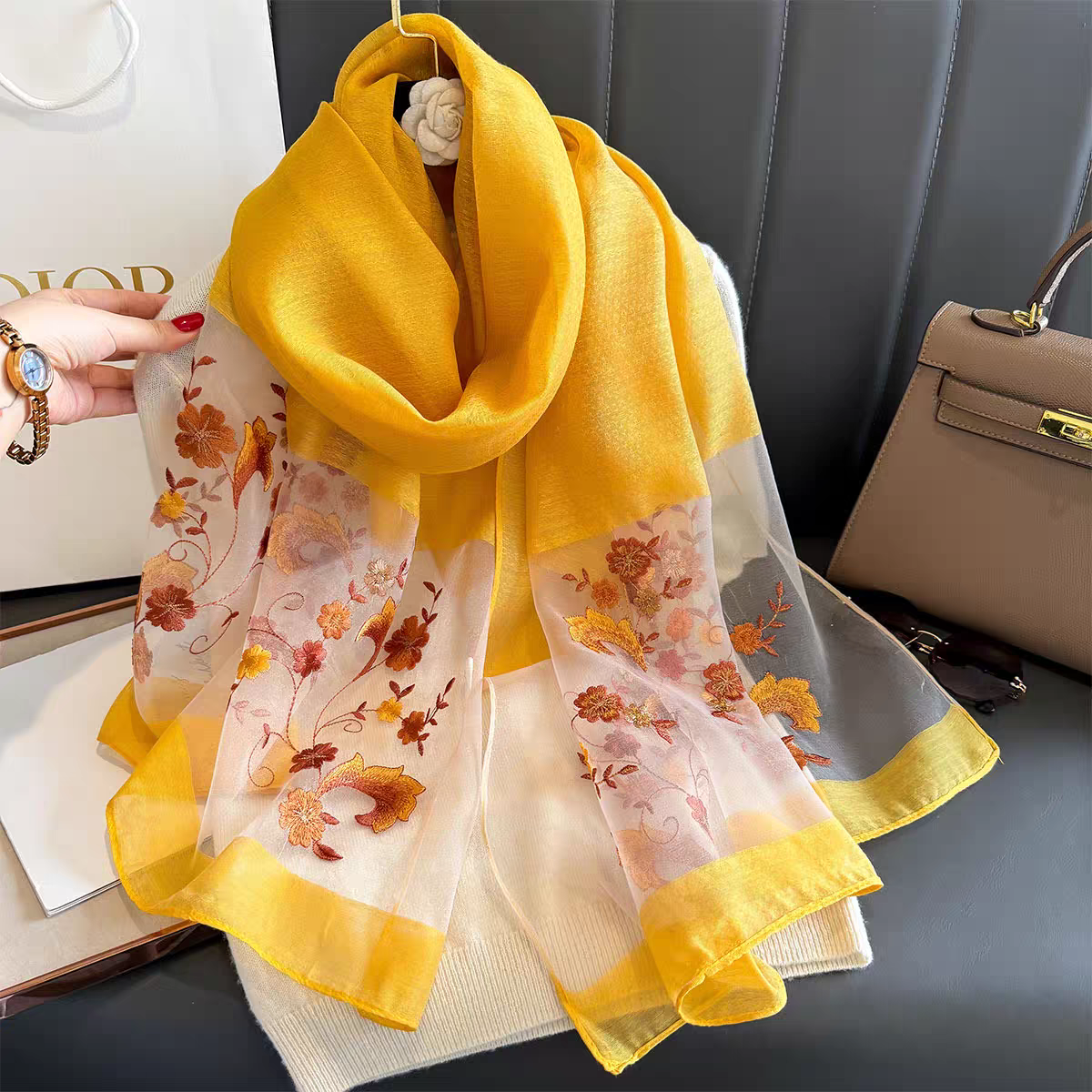 Patrician Mustard Embroidered Silk Stole