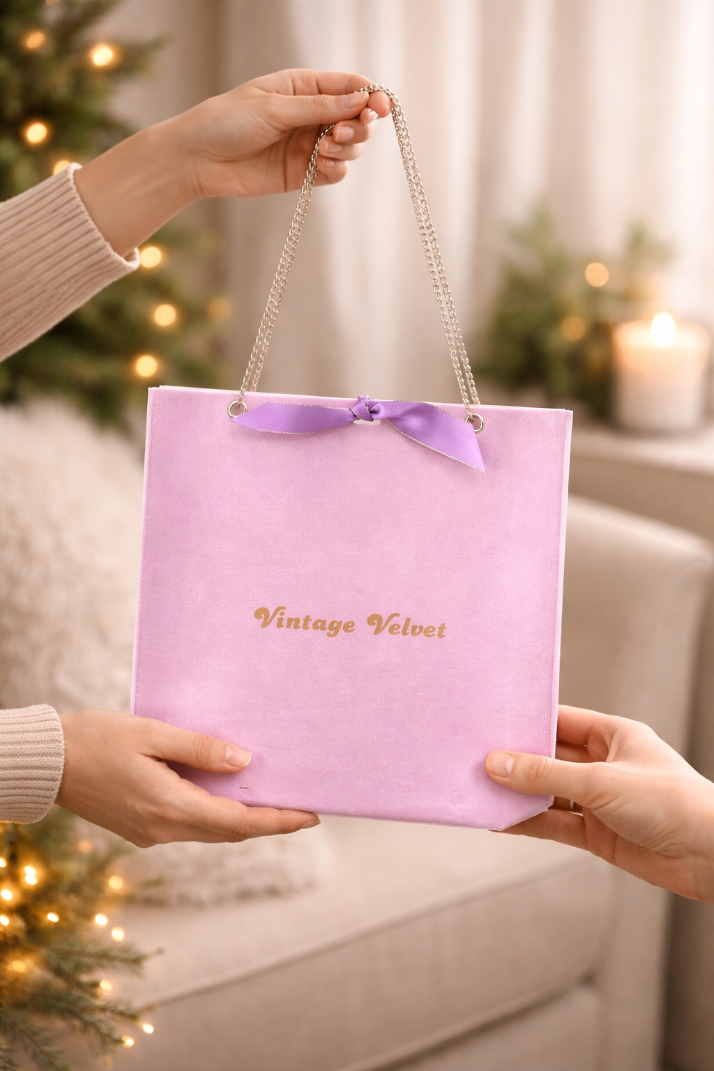 Vintage Velvet Suede Gift Bag With Metal Chain (Lilac)