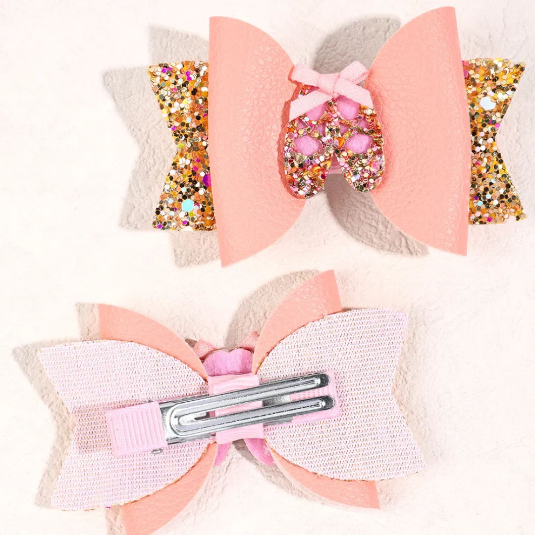 Pink Leather Bow Kids Side Pin (Set Of 2)