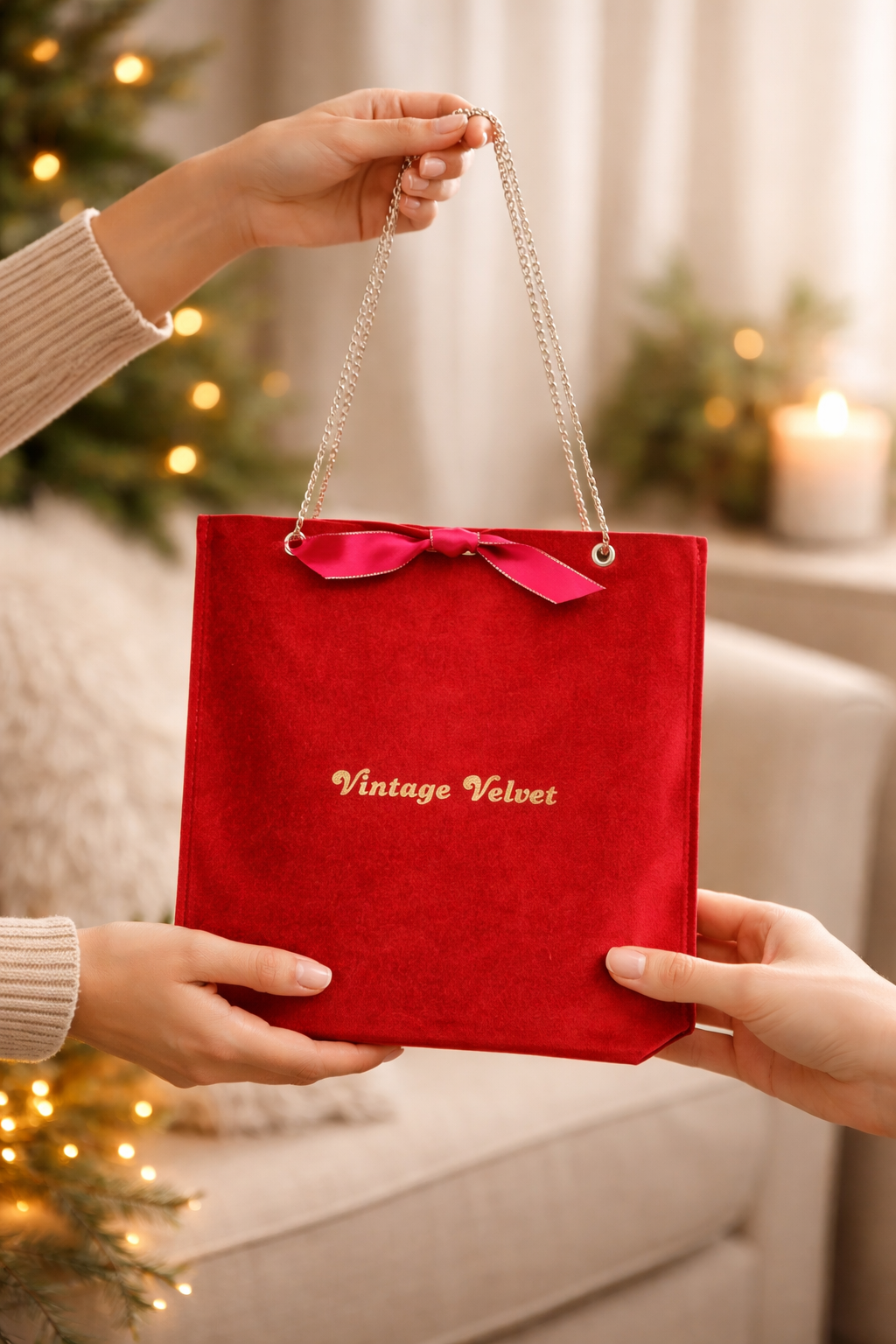 Vintage Velvet Suede Gift Bag With Metal Chain (Rust)