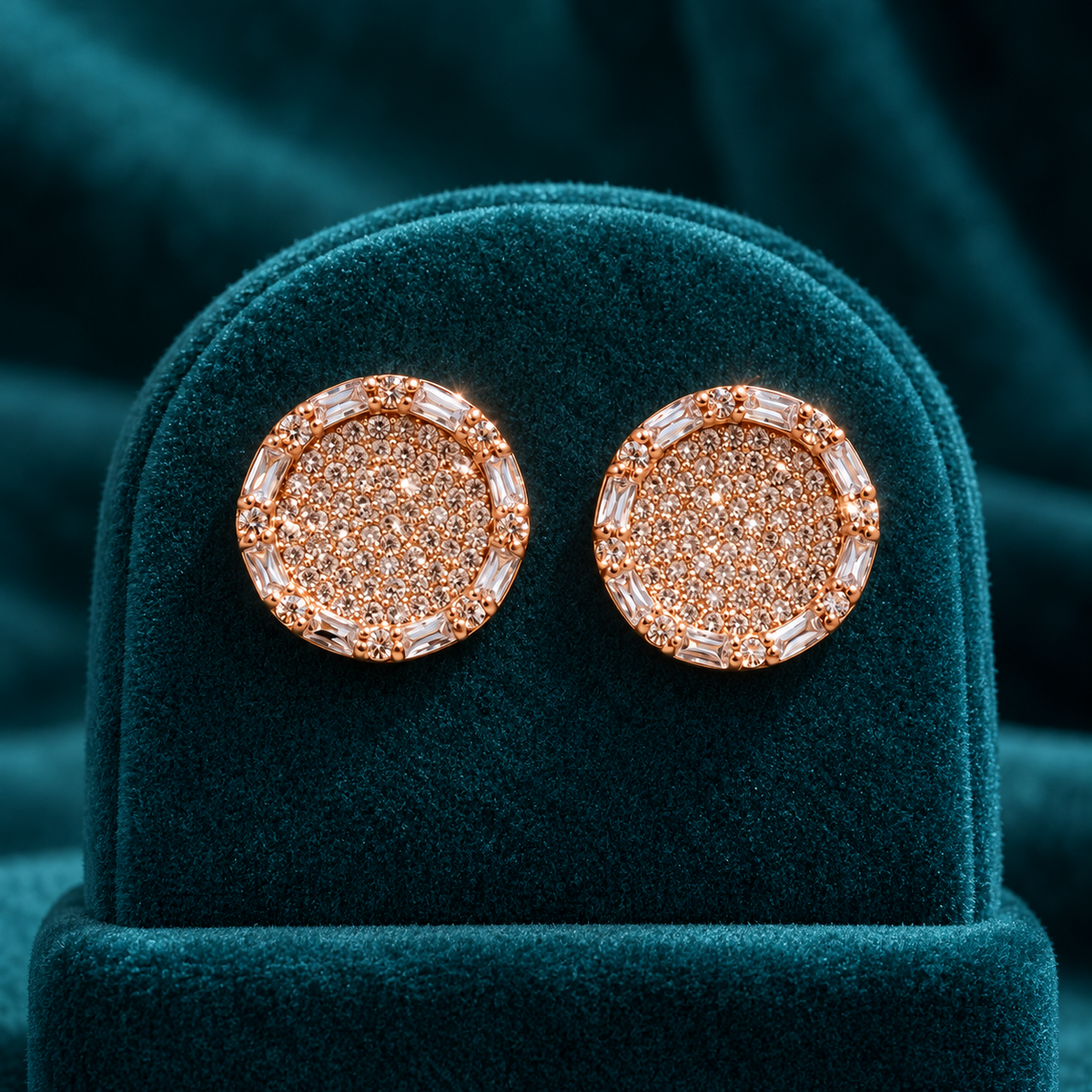 Solaira Round Halo Stud Earrings in a rose-gold-tone finish