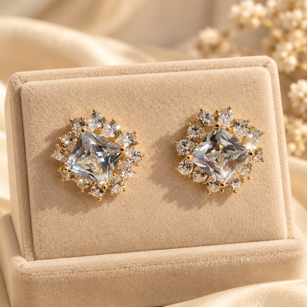 Stellora Square Halo Stud Earrings in a yellow-gold-tone finish