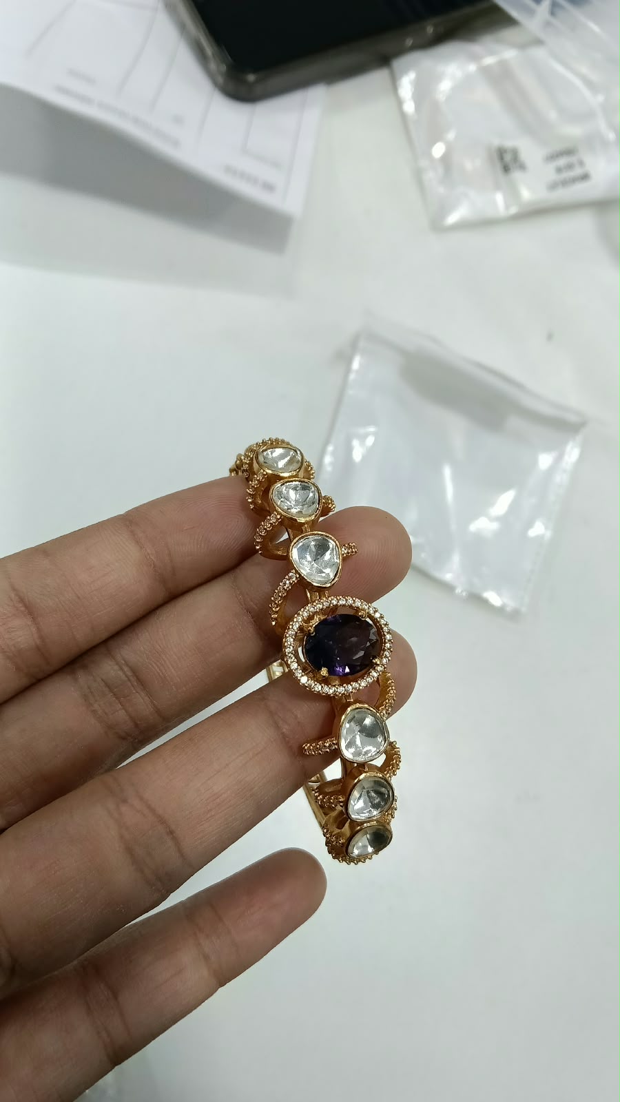 Zariya Moissanite Uncut Polki Indian Bracelet - Purple